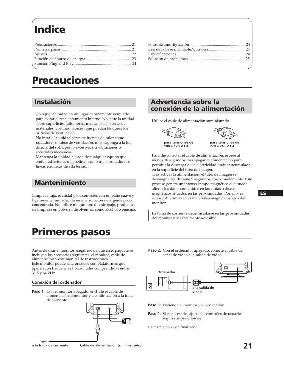 Indice precauciones, Primeros pasos, Instalación | Mantenimiento, Advertencia sobre la conexión de la alimentación | Sony CPD-17F03 User Manual | Page 21 / 33
