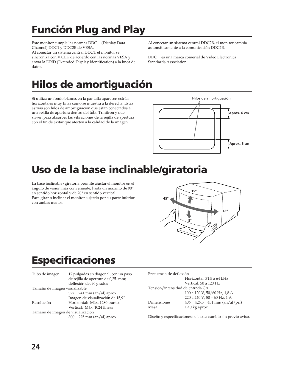 Función plug and play, Hilos de amortiguación, Uso de la base inclinable/giratoria | Especificaciones | Sony CPD-17F03 User Manual | Page 24 / 33