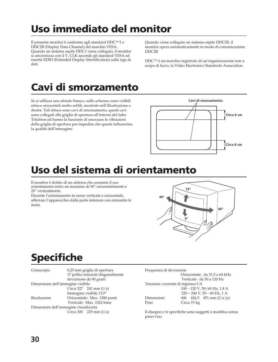 Uso immediato del monitor, Cavi di smorzamento, Uso del sistema di orientamento | Specifiche | Sony CPD-17F03 User Manual | Page 30 / 33