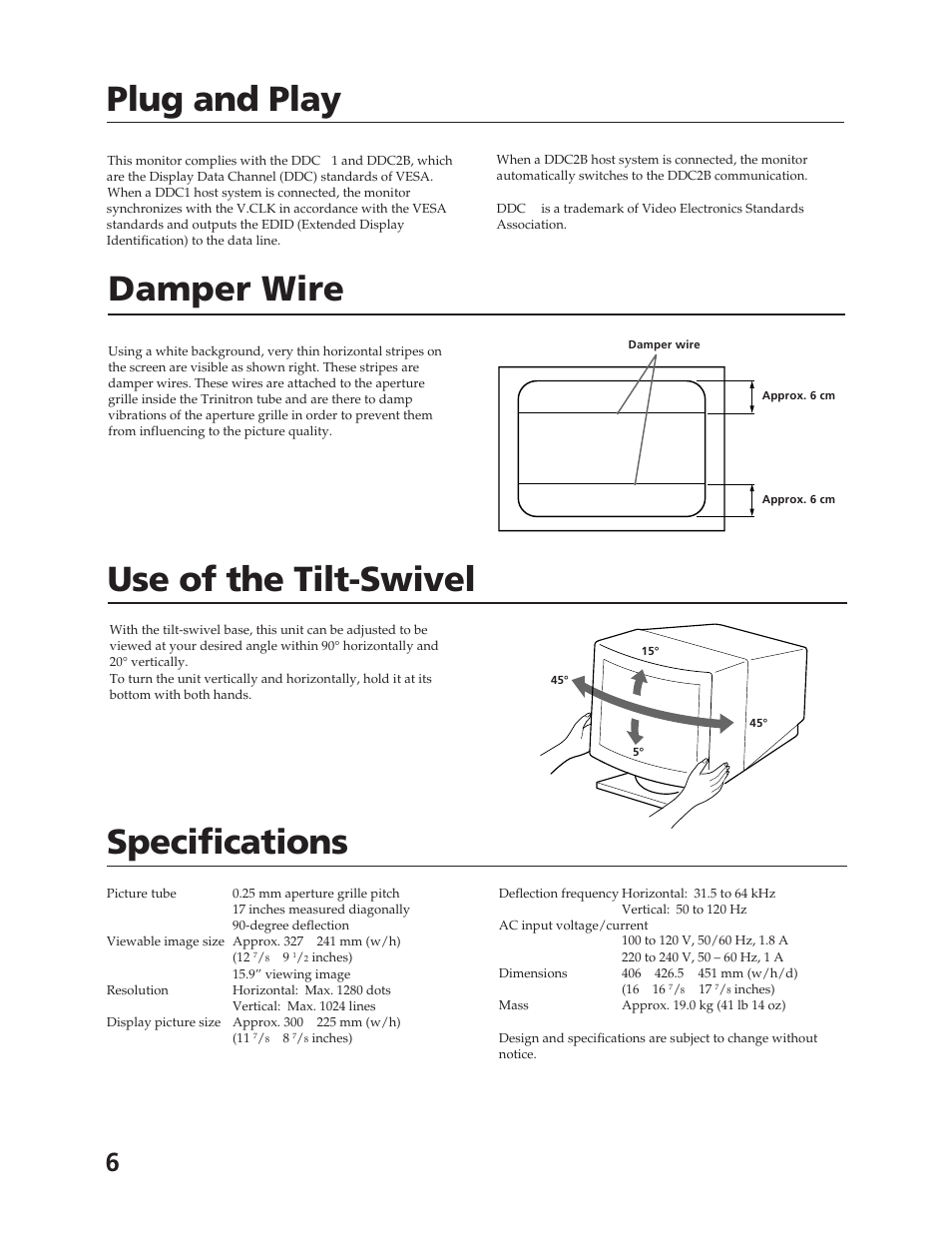 Plug and play, Damper wire, Use of the tilt-swivel | Specifications | Sony CPD-17F03 User Manual | Page 6 / 33