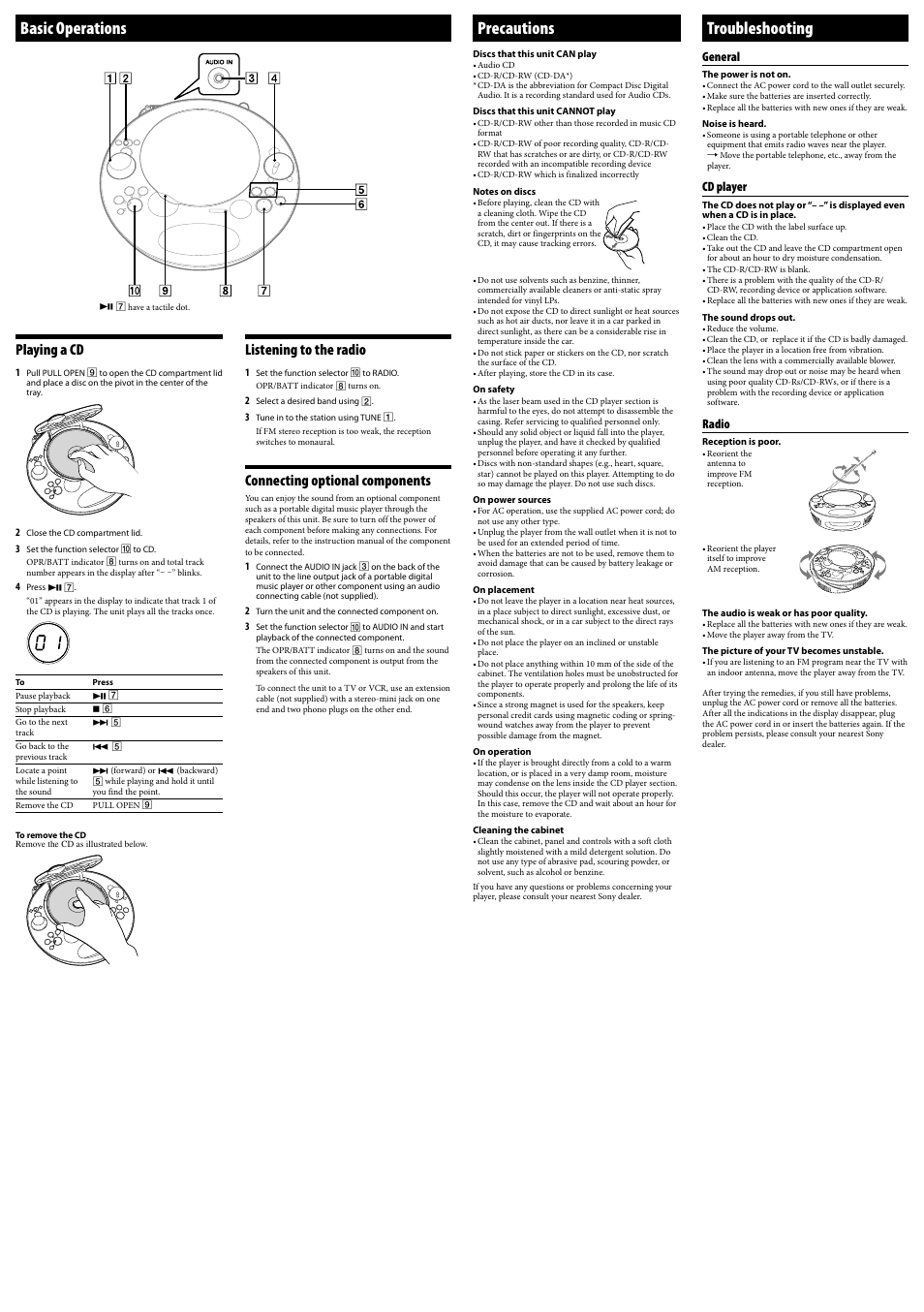 Basic operations, Precautions, Troubleshooting | Playing a cd, Listening to the radio, Connecting optional components, General, Cd player, Radio | Sony 4-138-358-42(1) User Manual | Page 2 / 2