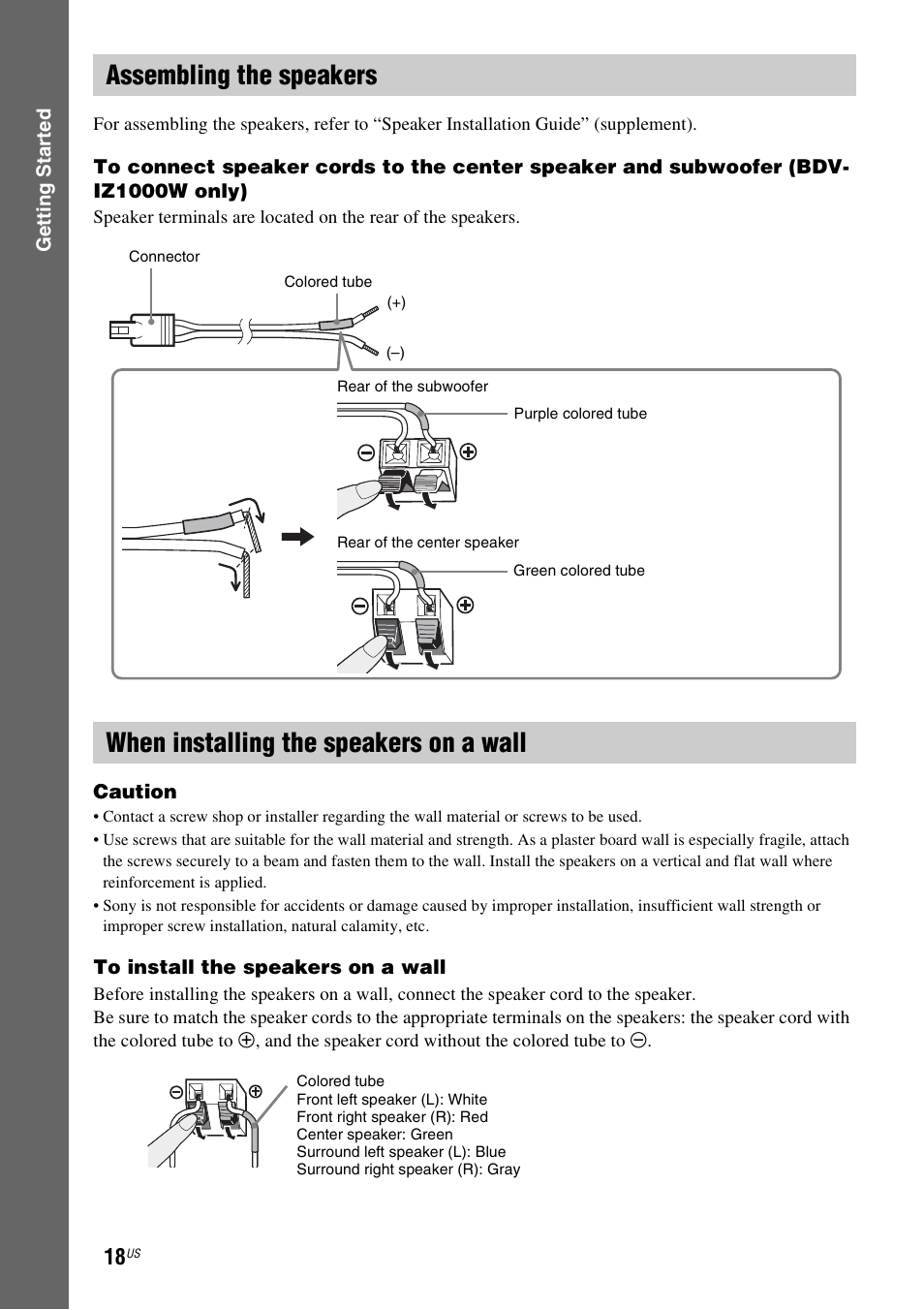 Assembling the speakers, When installing the speakers on a wall | Sony BDV-IZ1000W User Manual | Page 18 / 88