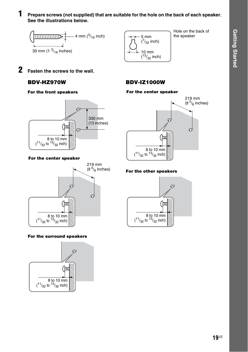 Ge tting star te d, Bdv-iz1000w, Bdv-hz970w | Sony BDV-IZ1000W User Manual | Page 19 / 88