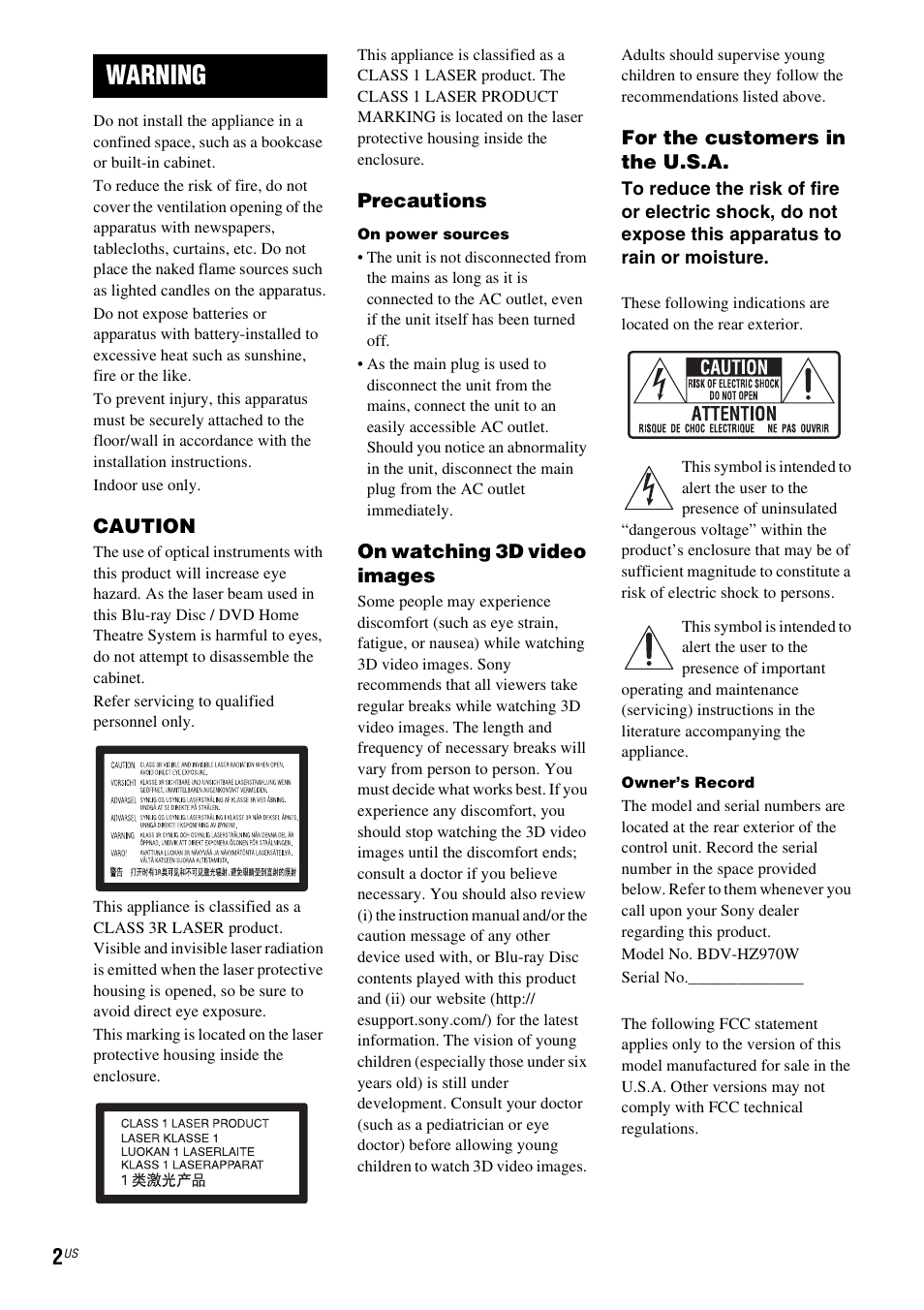 Warning | Sony BDV-IZ1000W User Manual | Page 2 / 88