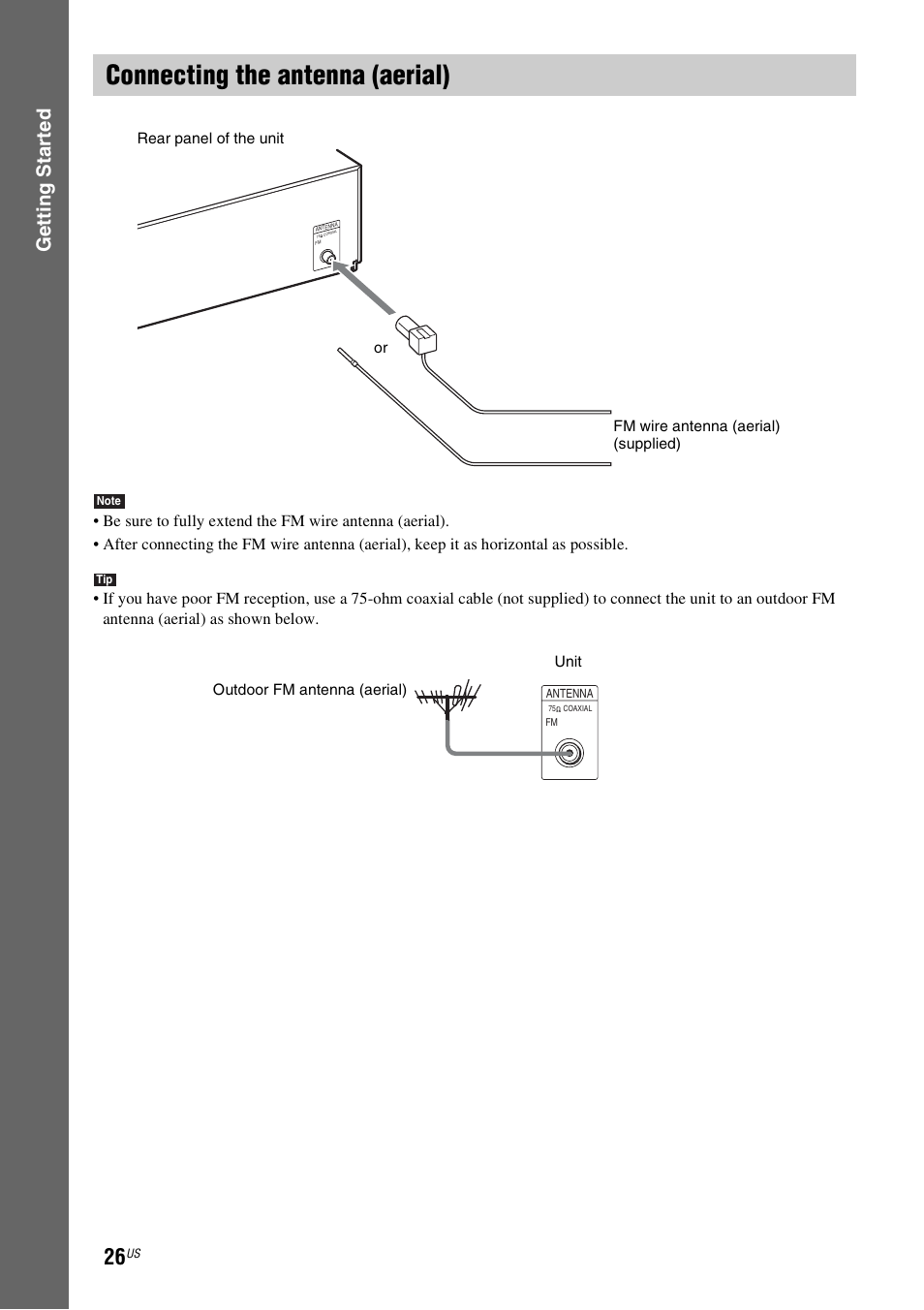 Connecting the antenna (aerial), E 26), Gettin g star ted | Sony BDV-IZ1000W User Manual | Page 26 / 88