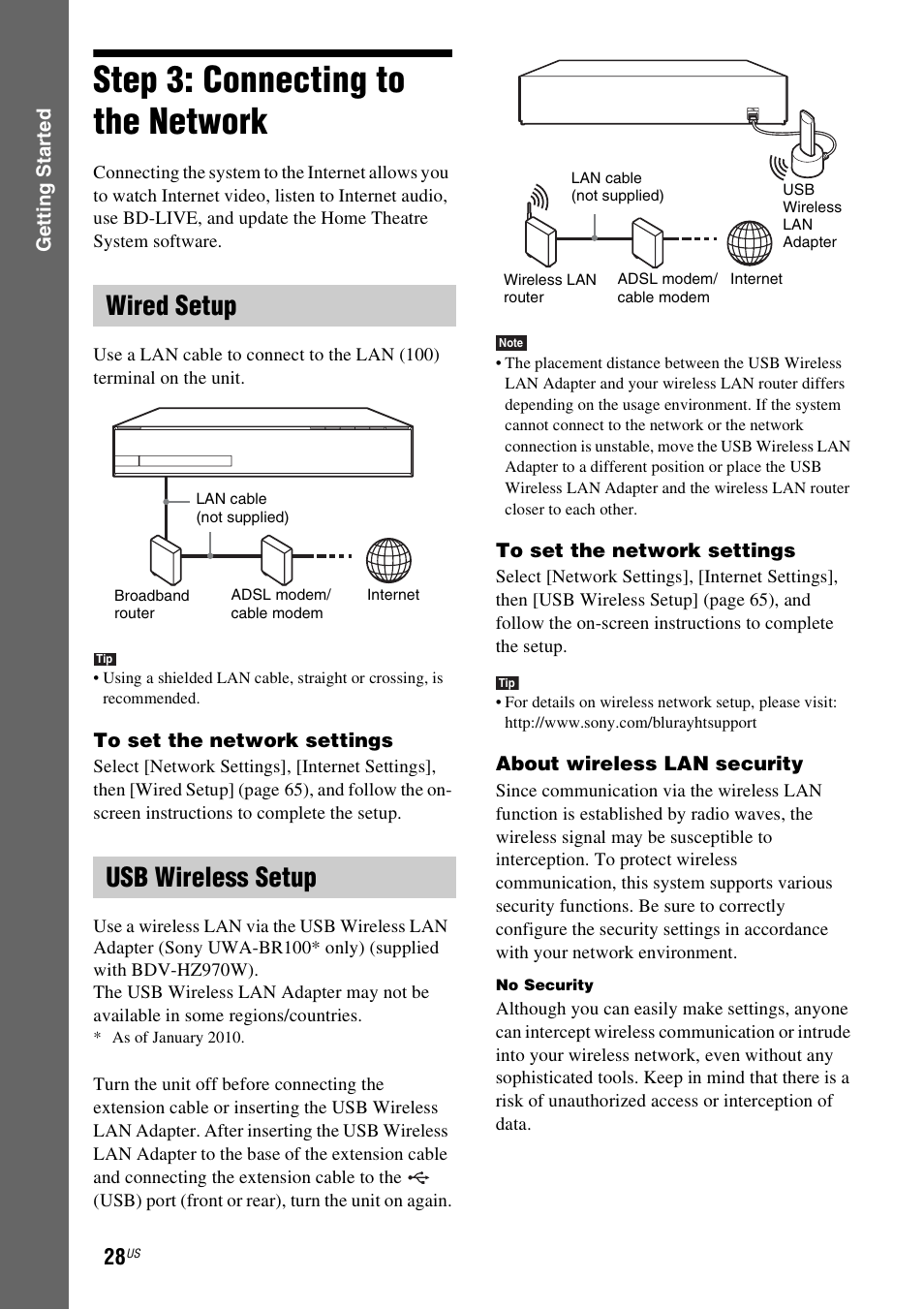 Step 3: connecting to the network, Wired setup, Usb wireless setup | Step 3: connecting to the, Network, Es 28, Wired setup usb wireless setup | Sony BDV-IZ1000W User Manual | Page 28 / 88