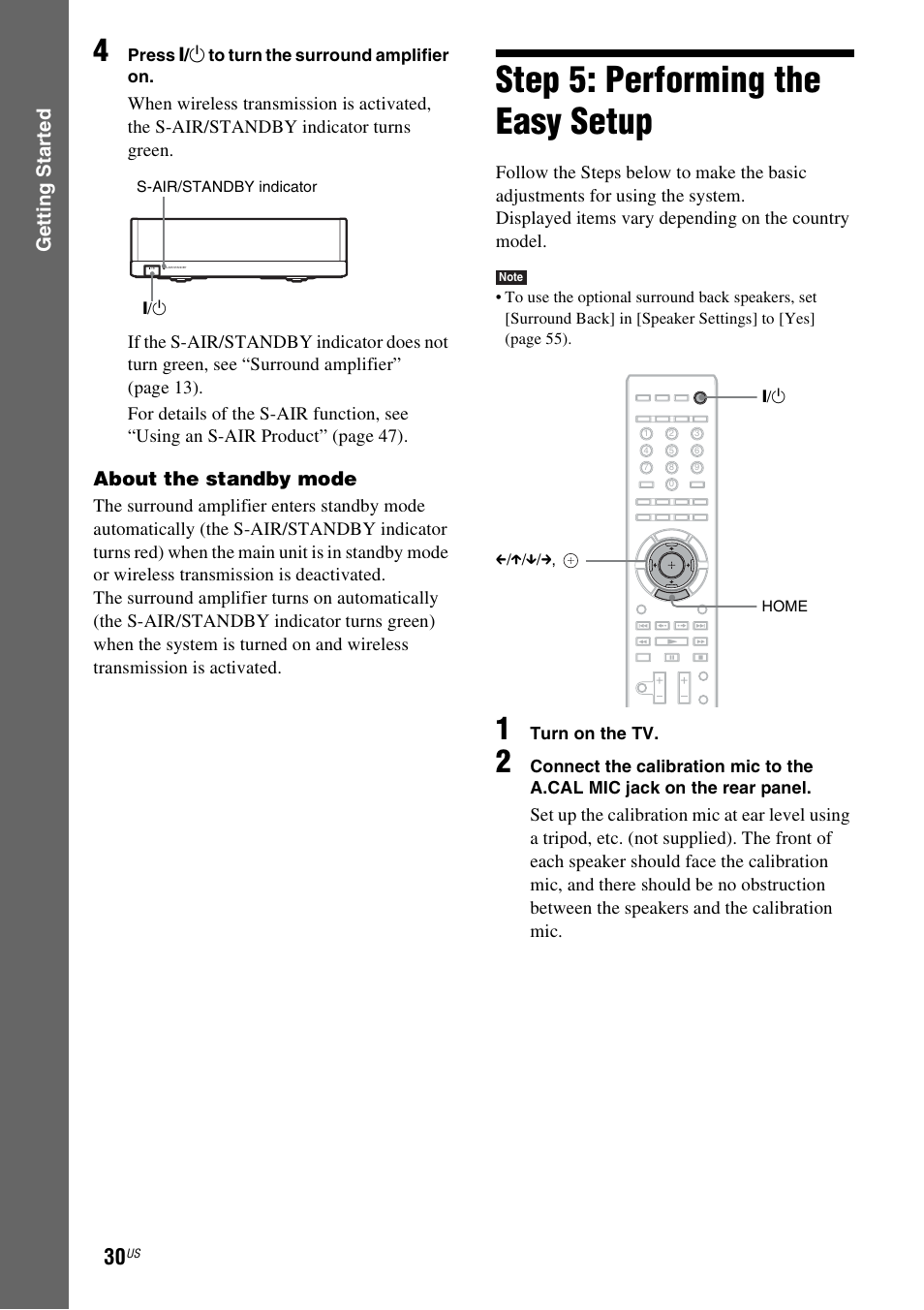 Step 5: performing the easy setup, Step 5: performing the easy, Setup | Es 30, Gettin g star ted, About the standby mode | Sony BDV-IZ1000W User Manual | Page 30 / 88