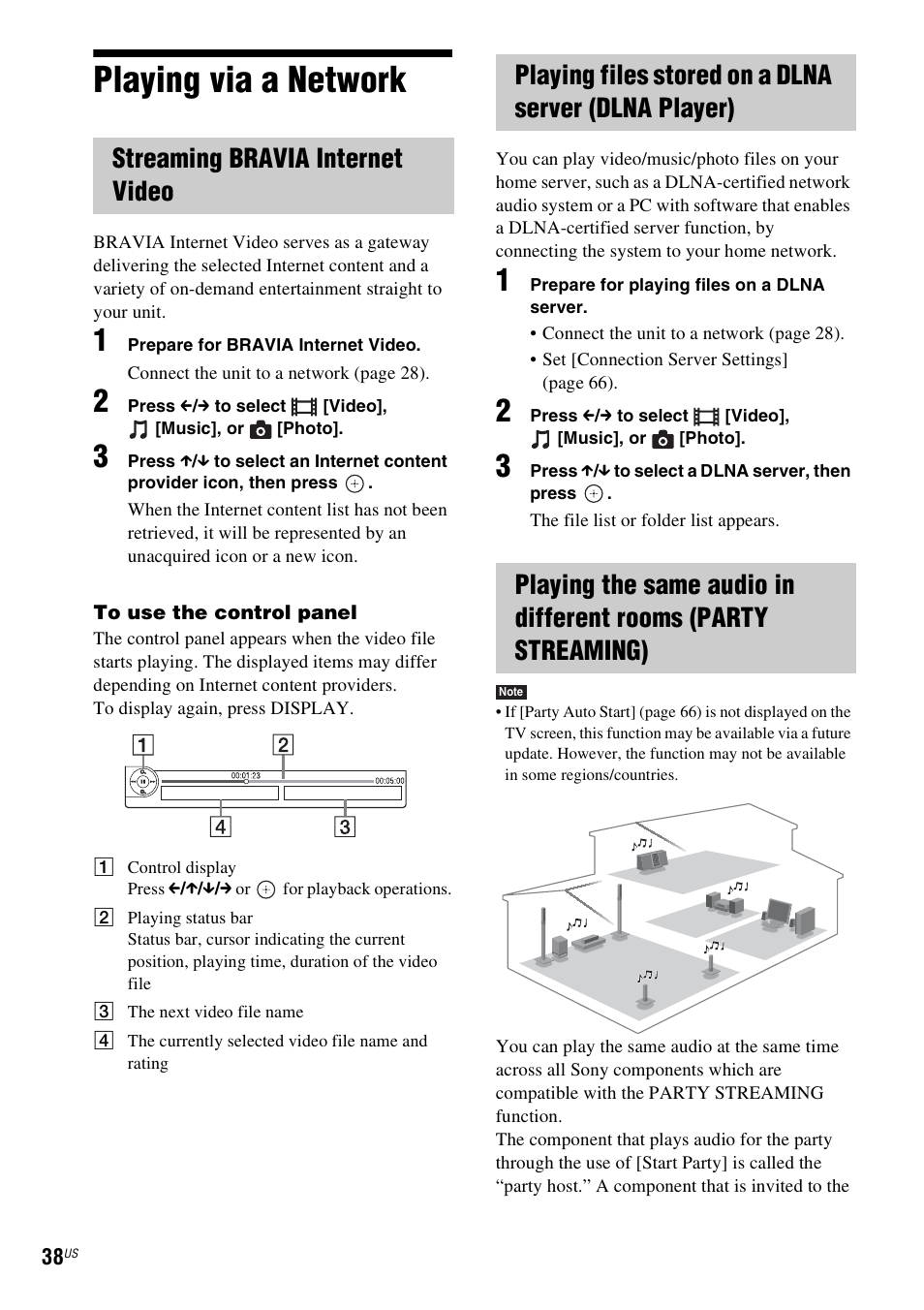 Playing via a network, Streaming bravia internet video | Sony BDV-IZ1000W User Manual | Page 38 / 88