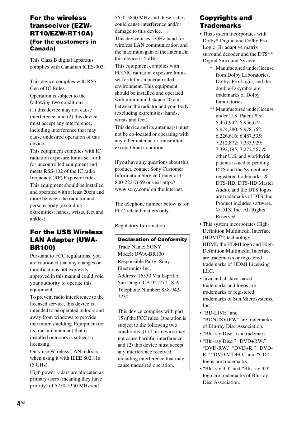 For the wireless transceiver (ezw- rt10/ezw-rt10a), For the usb wireless lan adapter (uwa- br100), Copyrights and trademarks | Sony BDV-IZ1000W User Manual | Page 4 / 88