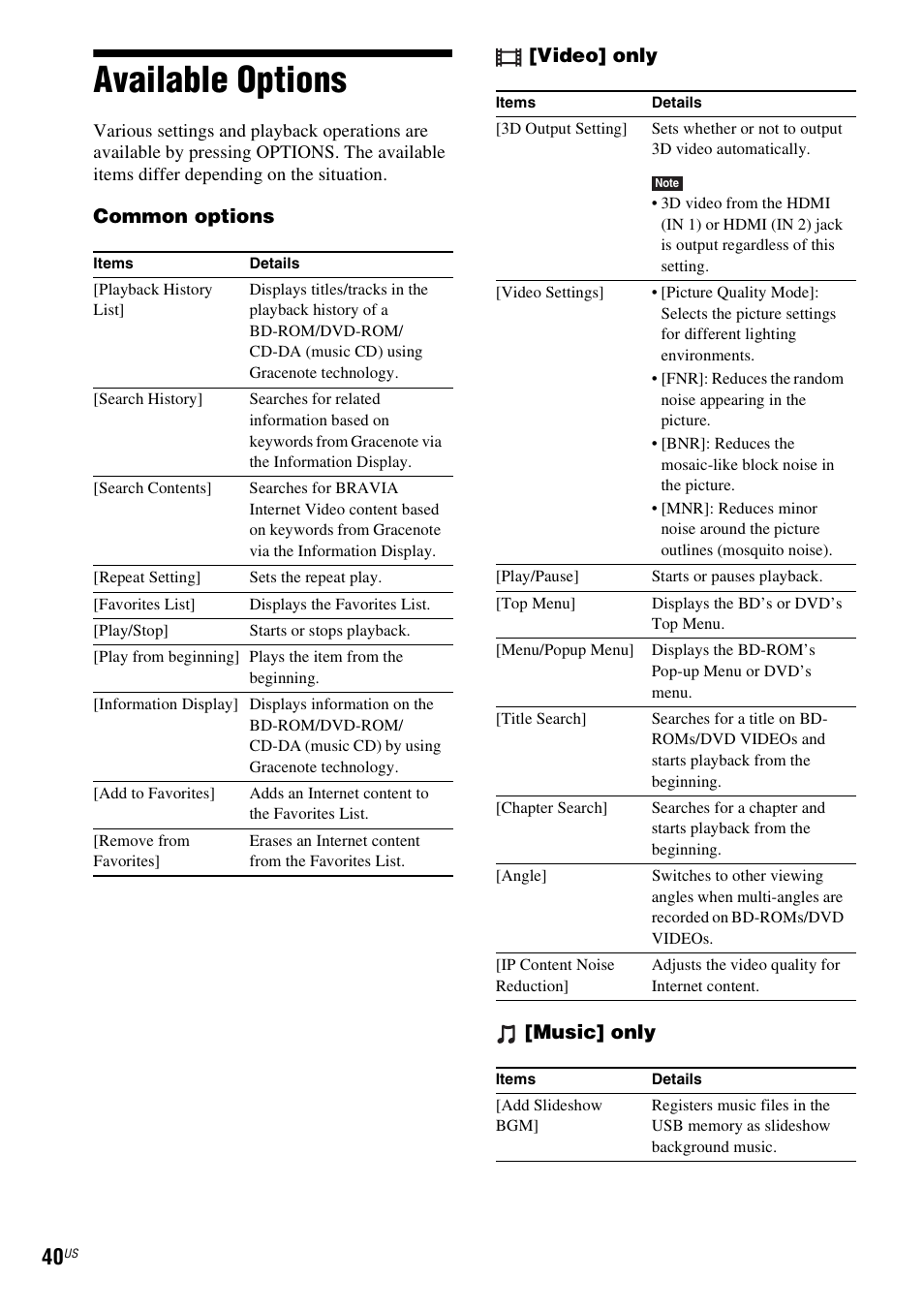 Available options, E 40), Common options [video] only [music] only | Sony BDV-IZ1000W User Manual | Page 40 / 88