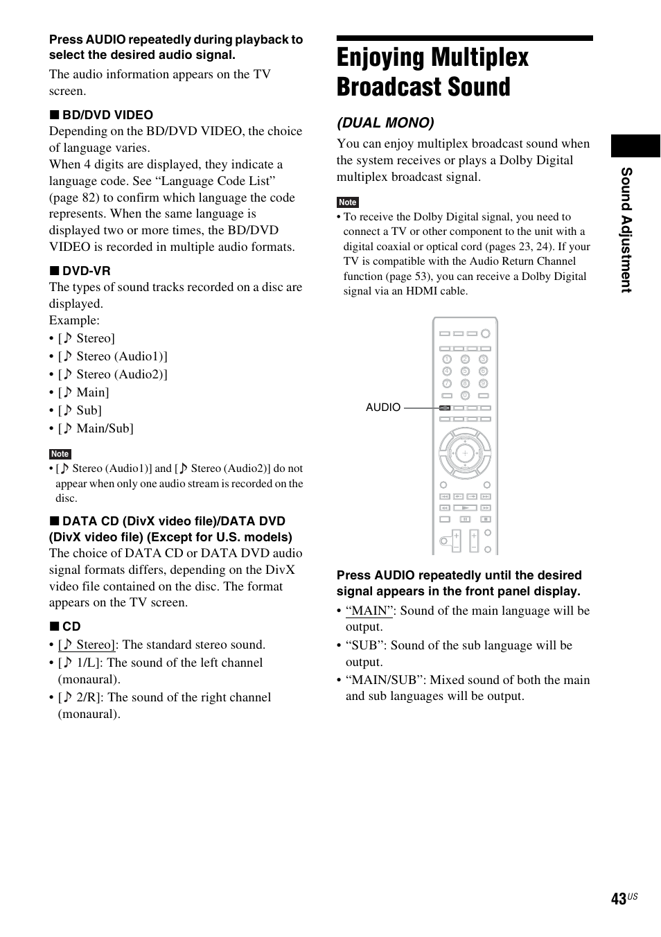 Enjoying multiplex broadcast sound, Enjoying multiplex broadcast, Sound | Sou nd adj u stm e nt, Dual mono) | Sony BDV-IZ1000W User Manual | Page 43 / 88
