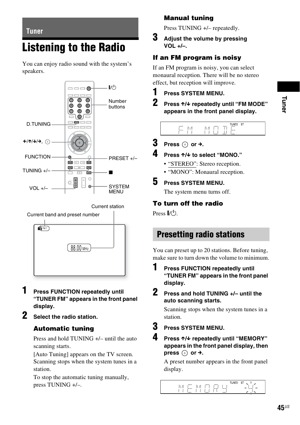 Tuner, Listening to the radio, Presetting radio stations | E 45) | Sony BDV-IZ1000W User Manual | Page 45 / 88