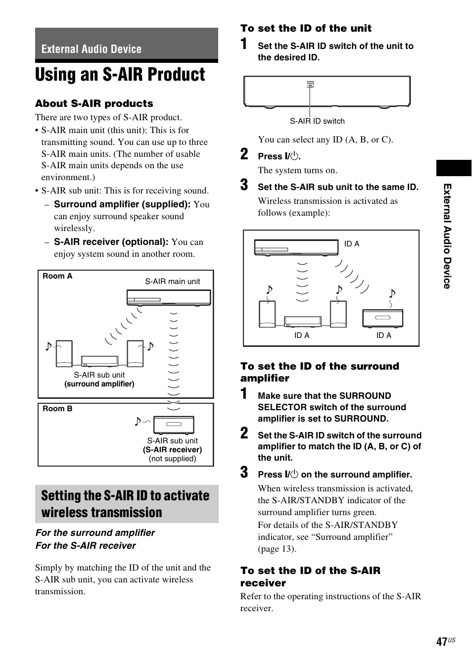 External audio device, Using an s-air product, E 47 | Sony BDV-IZ1000W User Manual | Page 47 / 88