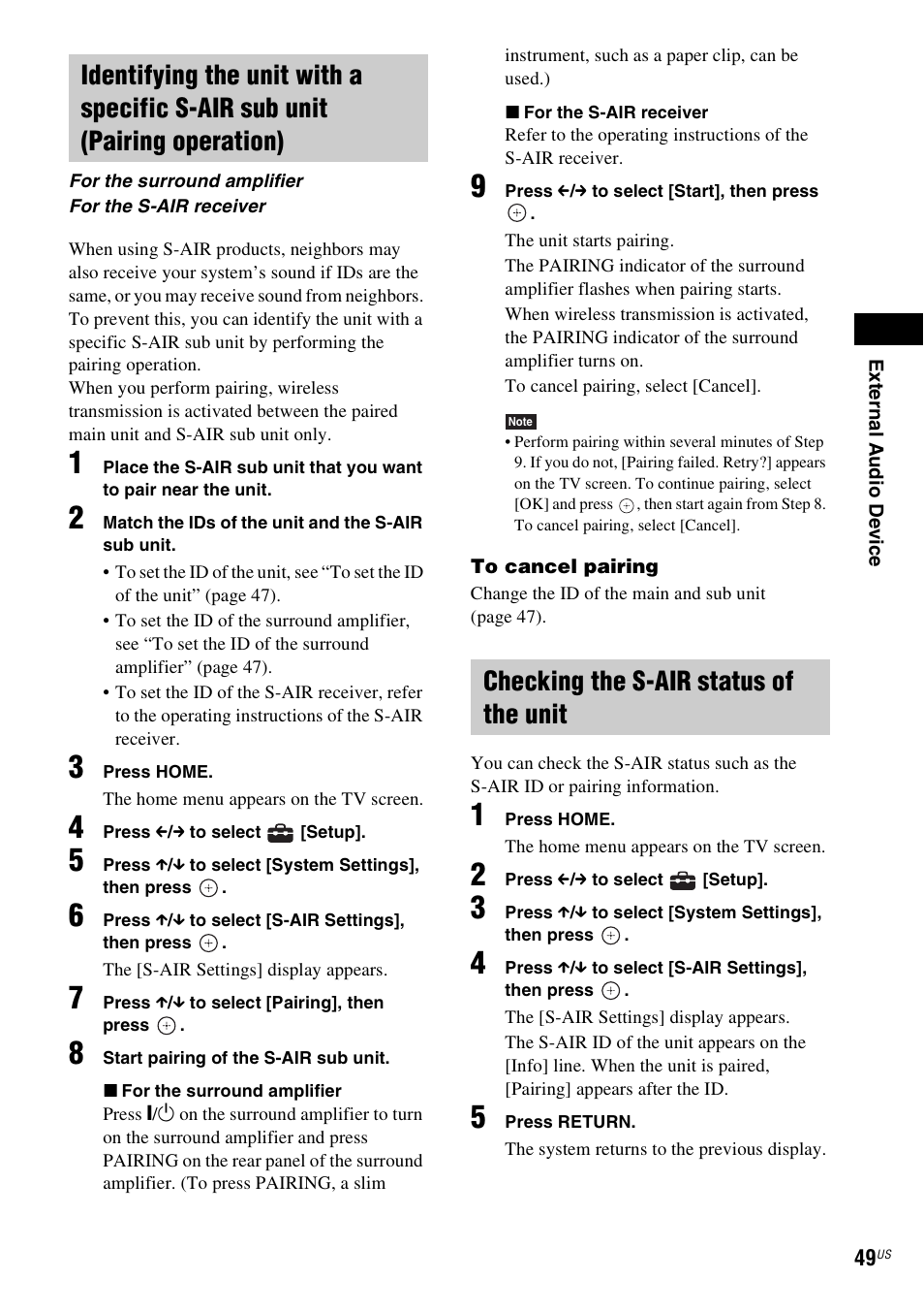 Checking the s-air status of the unit | Sony BDV-IZ1000W User Manual | Page 49 / 88
