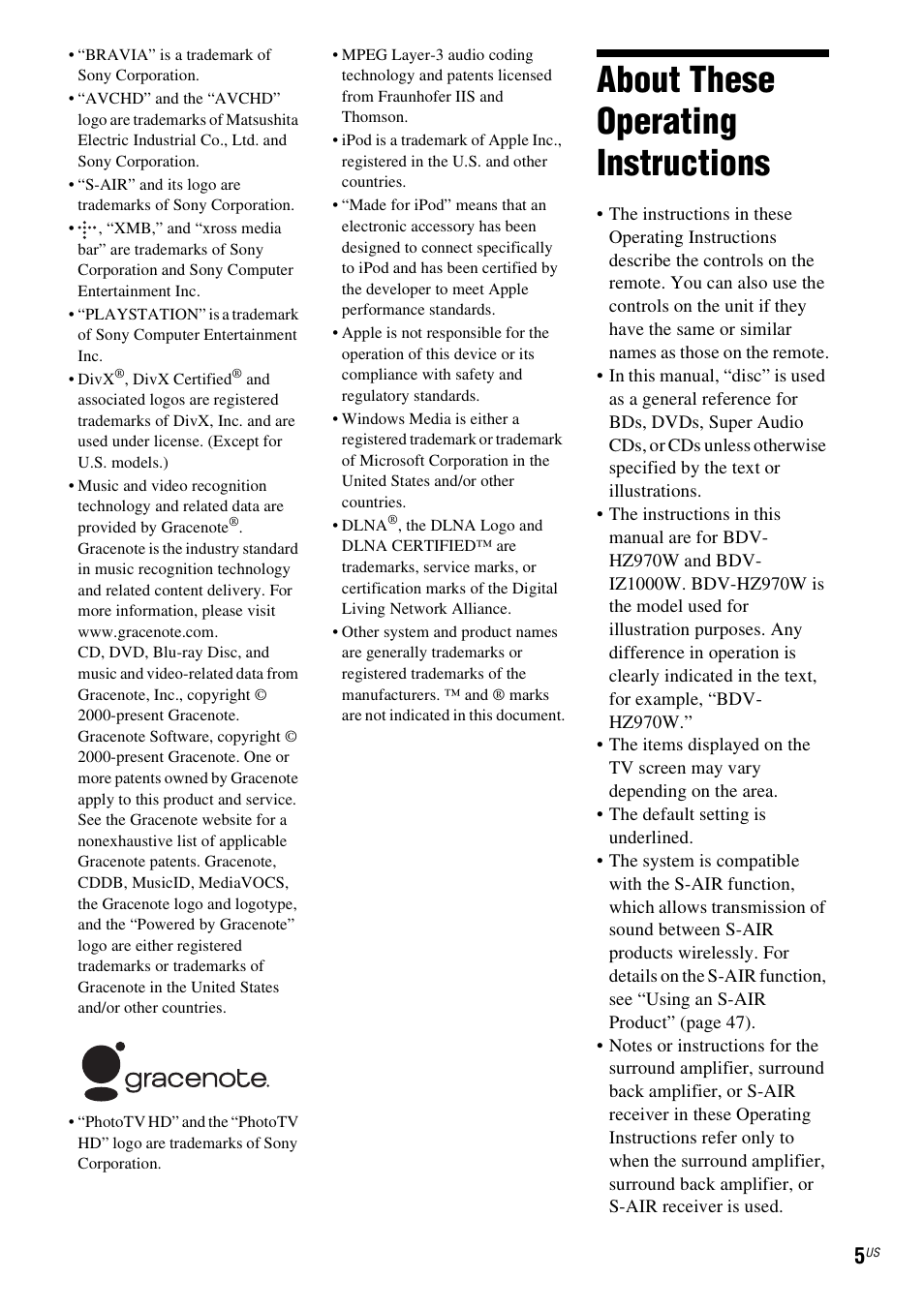 About these operating instructions | Sony BDV-IZ1000W User Manual | Page 5 / 88