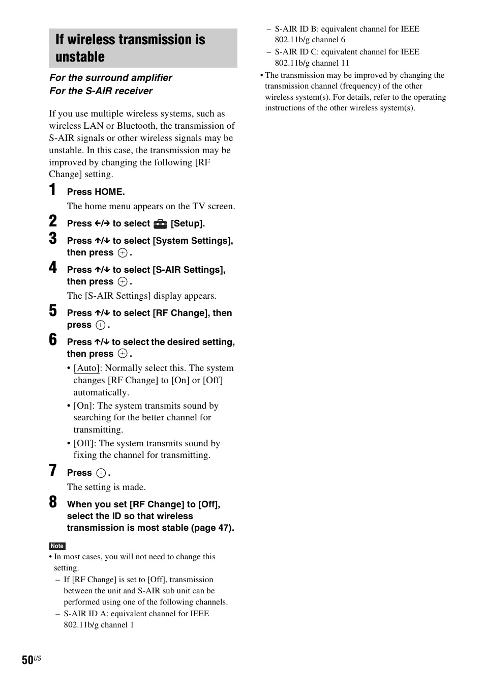 If wireless transmission is unstable | Sony BDV-IZ1000W User Manual | Page 50 / 88