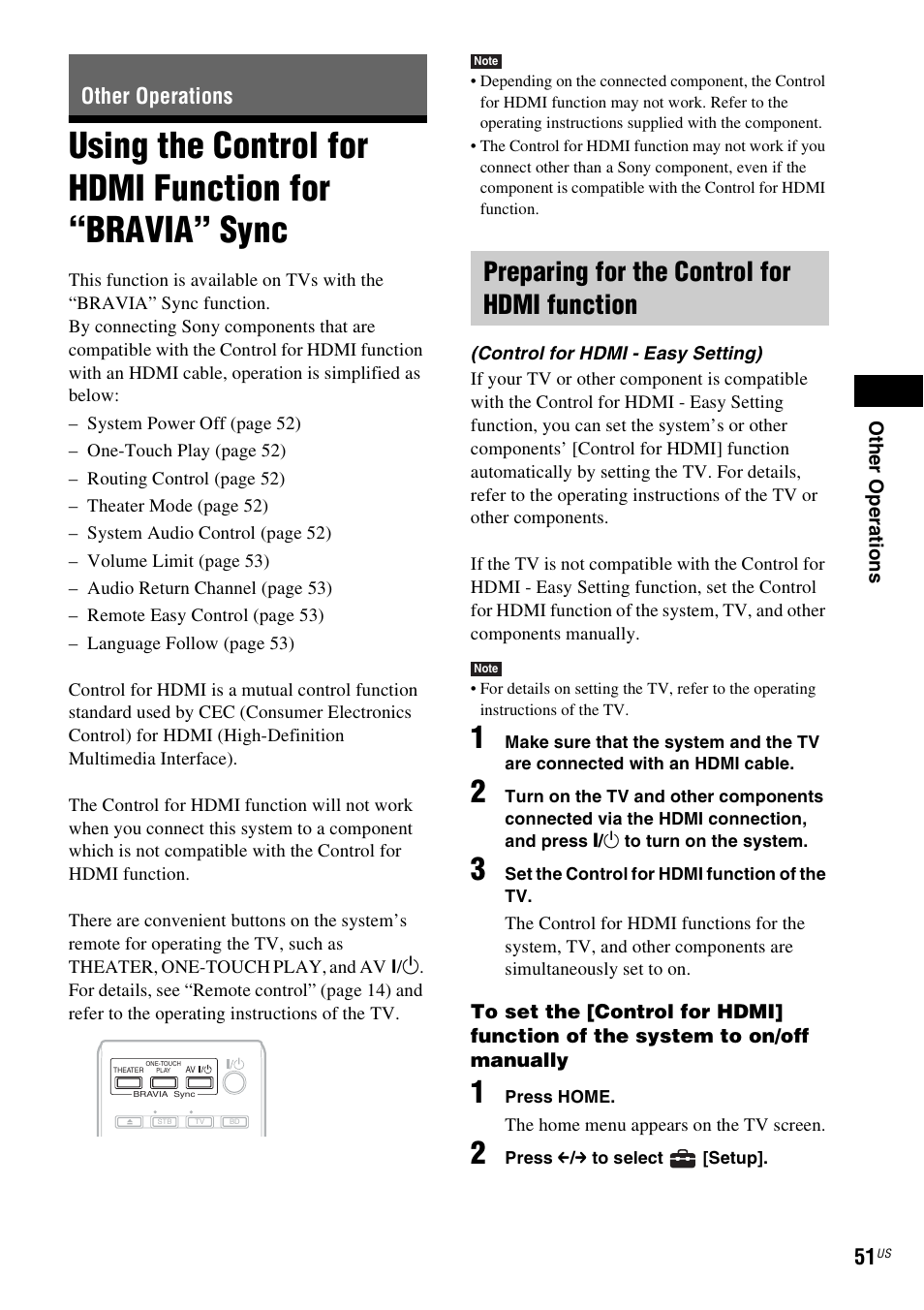 Other operations, Preparing for the control for hdmi function, Using the control for hdmi function for | Bravia” sync | Sony BDV-IZ1000W User Manual | Page 51 / 88