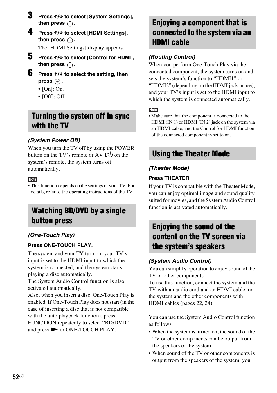 Turning the system off in sync with the tv, Watching bd/dvd by a single button press, Using the theater mode | Sony BDV-IZ1000W User Manual | Page 52 / 88