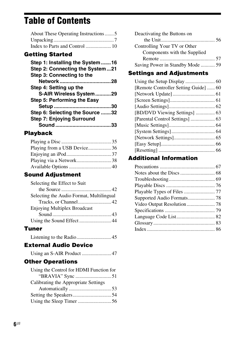 Sony BDV-IZ1000W User Manual | Page 6 / 88