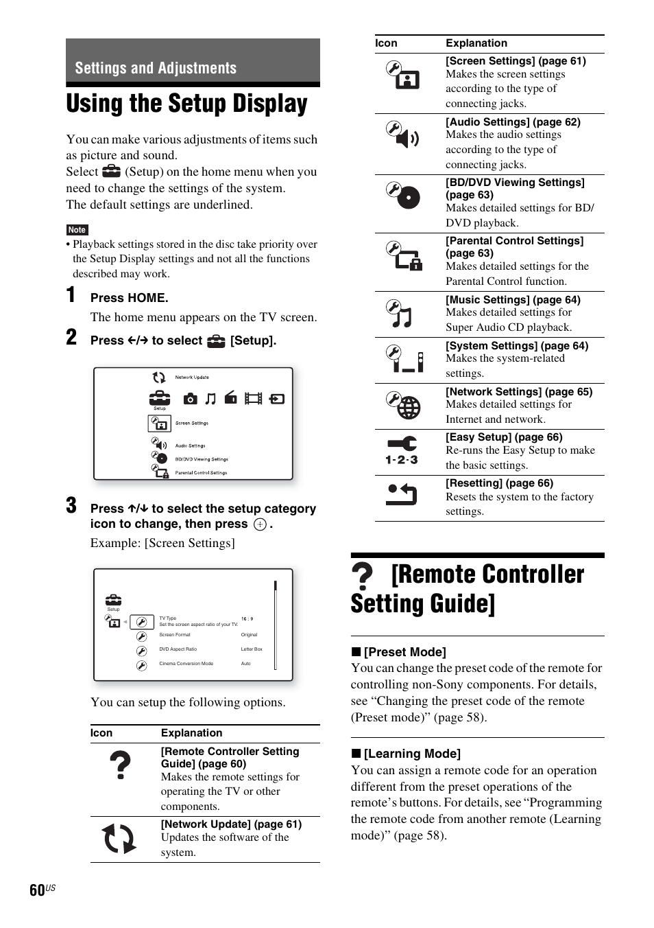 Settings and adjustments, Using the setup display, Remote controller setting guide | Sony BDV-IZ1000W User Manual | Page 60 / 88