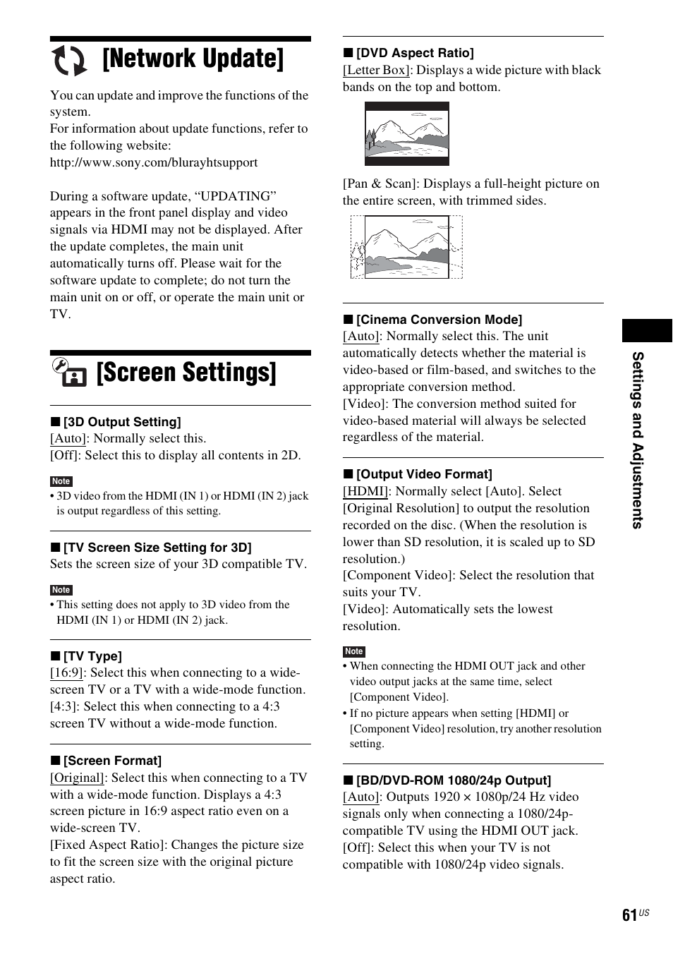 Network update, Screen settings, Network update] [screen settings | Sony BDV-IZ1000W User Manual | Page 61 / 88