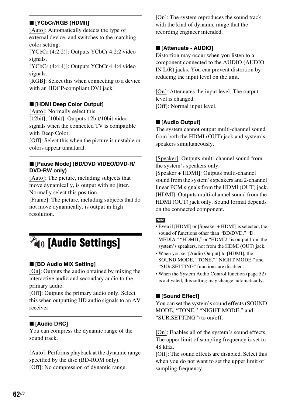 Audio settings | Sony BDV-IZ1000W User Manual | Page 62 / 88