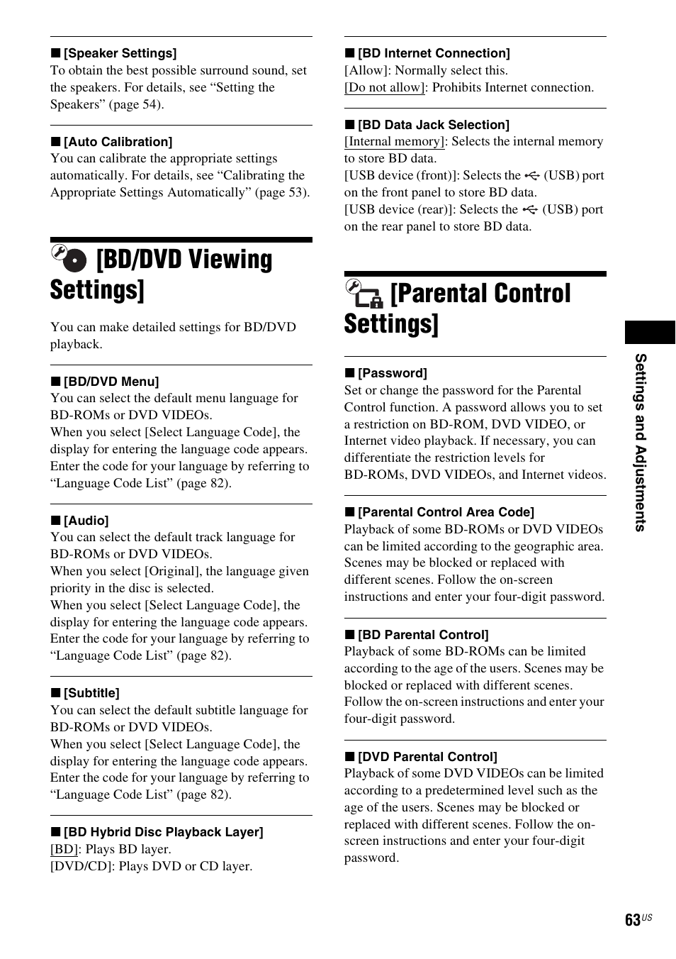 Bd/dvd viewing settings, Parental control settings, E 63) | Sony BDV-IZ1000W User Manual | Page 63 / 88