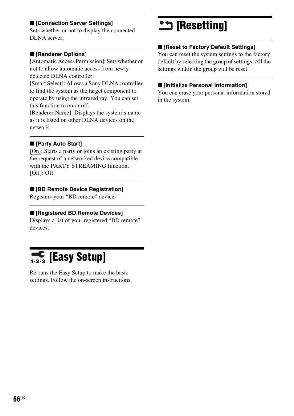 Easy setup, Resetting, Easy setup] [resetting | Sony BDV-IZ1000W User Manual | Page 66 / 88