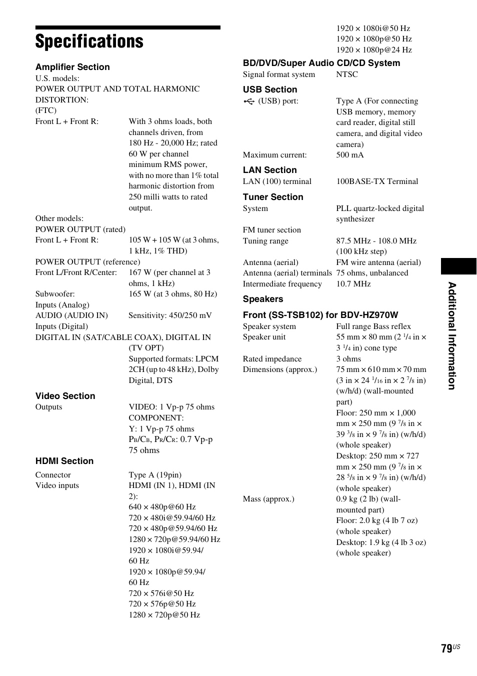 Specifications, Ad ditio n al inf o rm at ion | Sony BDV-IZ1000W User Manual | Page 79 / 88
