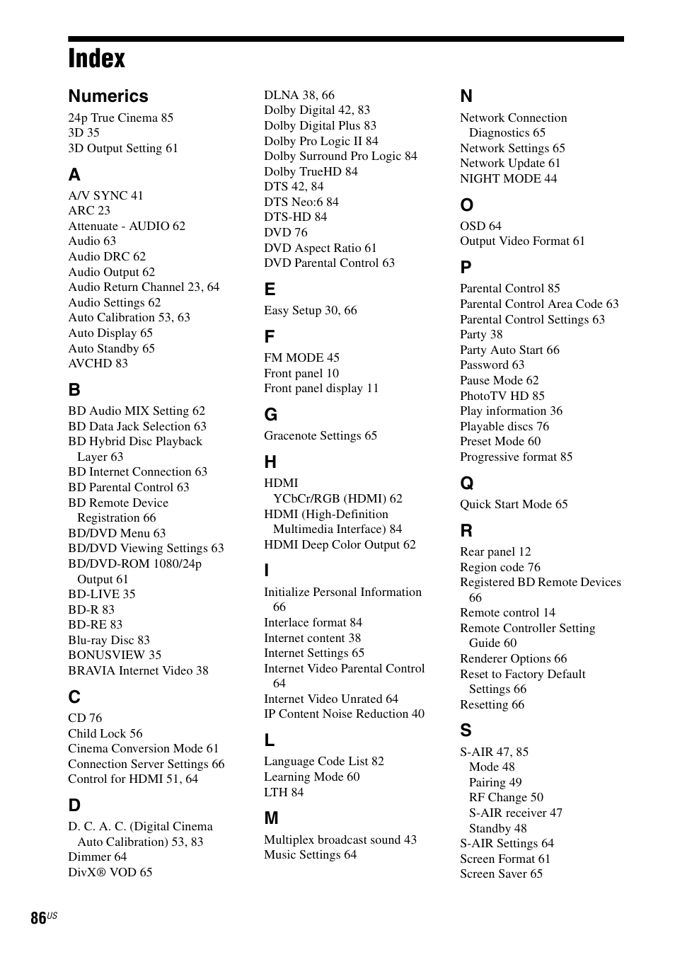 Index, Numerics | Sony BDV-IZ1000W User Manual | Page 86 / 88