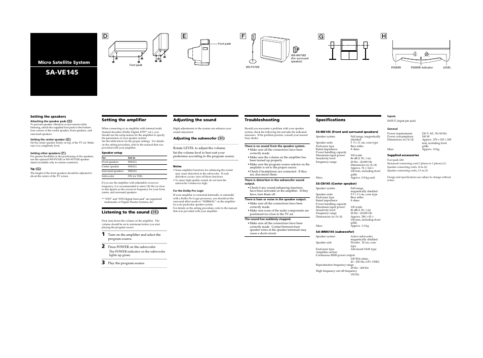 Power level min max, Sa-ve145, Gf e h | Sony SA-VE145 User Manual | Page 2 / 2