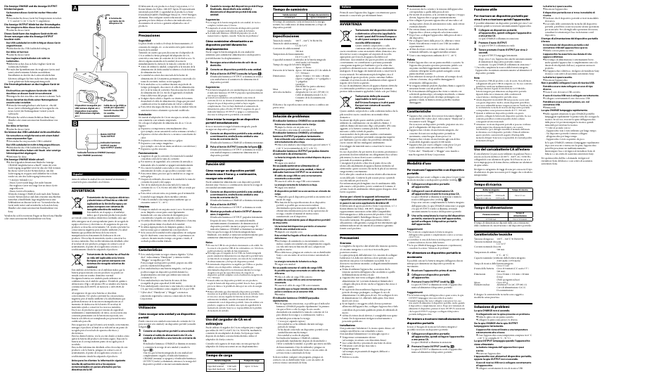 Advertencia, Precauciones, Características | Utilización, Función útil, Uso del cargador de ca en el extranjero, Tiempo de carga, Caratteristiche, Modalità d’uso, Tiempo de suministro | Sony AC-UP100 User Manual | Page 2 / 2