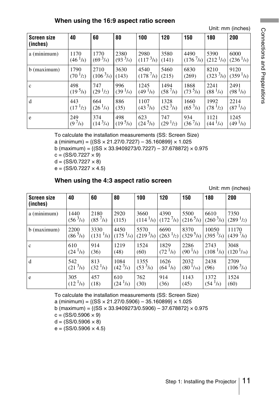 When using the 16:9 aspect ratio screen, When using the 4:3 aspect ratio screen | Sony Cineza VPL-HS51A User Manual | Page 11 / 68