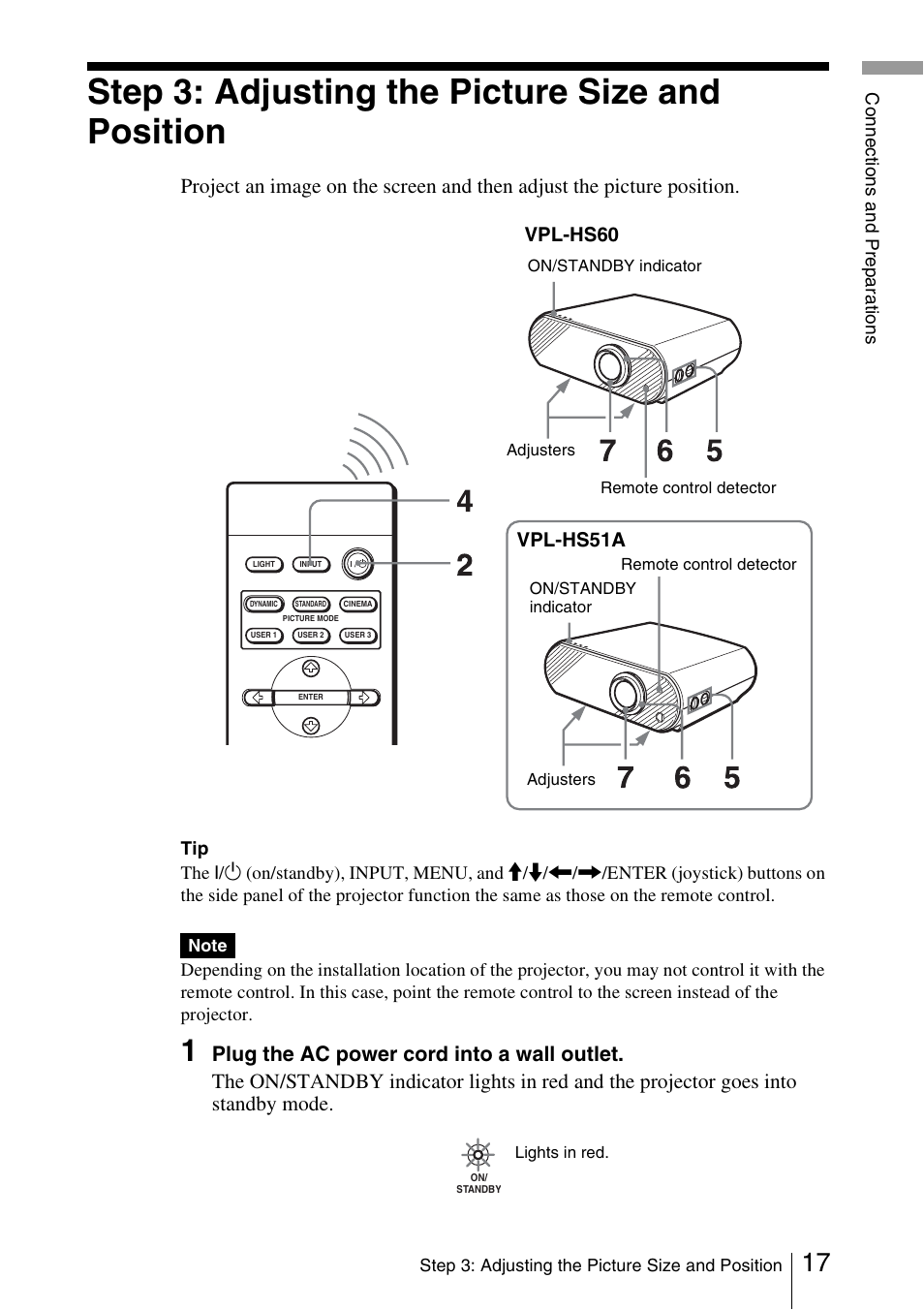 Step 3: adjusting the picture size and position, Vpl-hs60 vpl-hs51a | Sony Cineza VPL-HS51A User Manual | Page 17 / 68