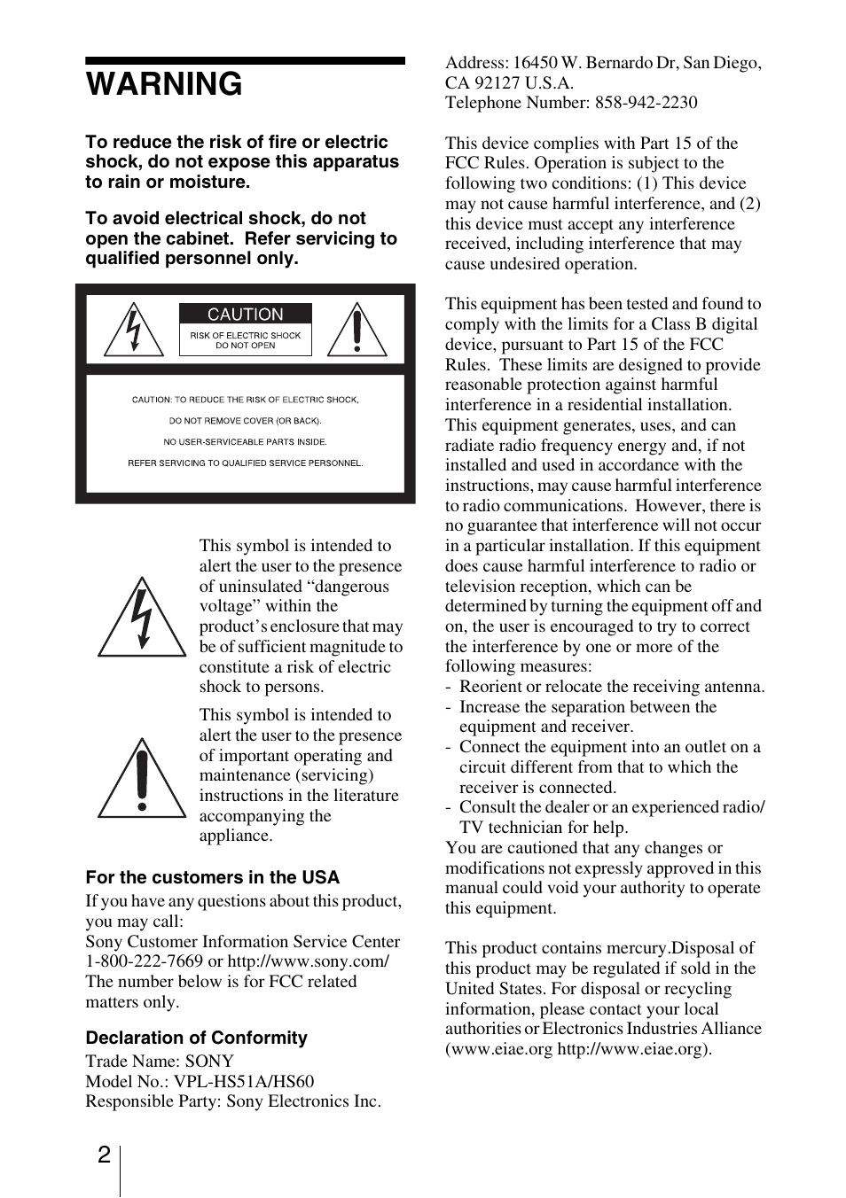 Warning | Sony Cineza VPL-HS51A User Manual | Page 2 / 68