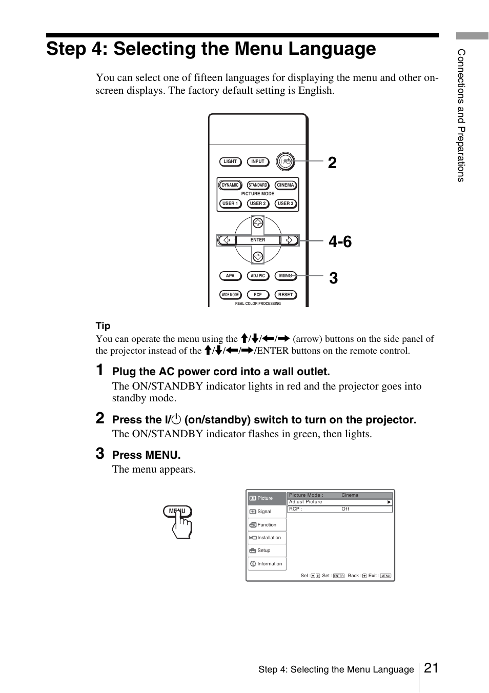 Step 4: selecting the menu language, Press menu. the menu appears | Sony Cineza VPL-HS51A User Manual | Page 21 / 68