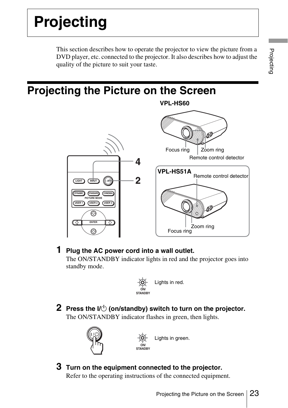 Projecting, Projecting the picture on the screen, Projecting the picture on the screen 23 | Sony Cineza VPL-HS51A User Manual | Page 23 / 68