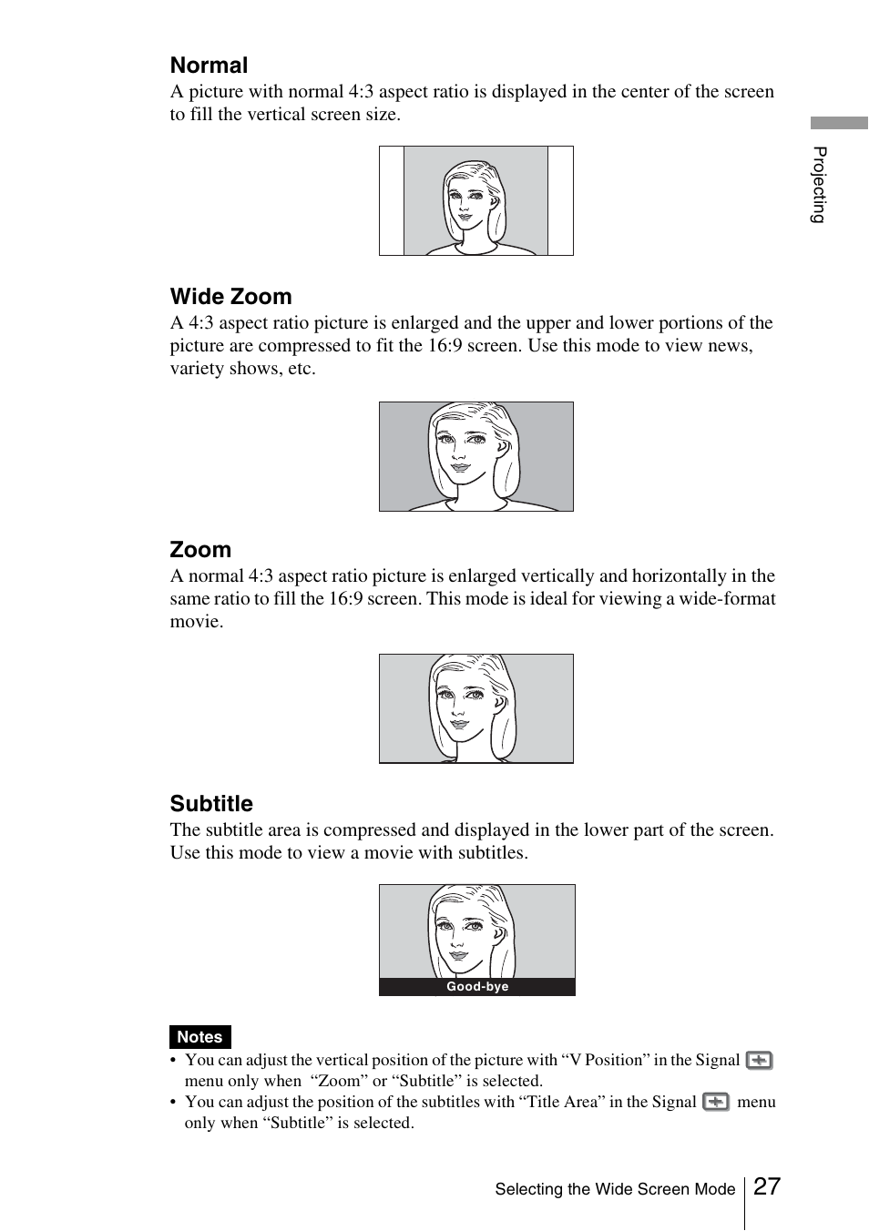 Normal, Wide zoom, Zoom | Subtitle | Sony Cineza VPL-HS51A User Manual | Page 27 / 68