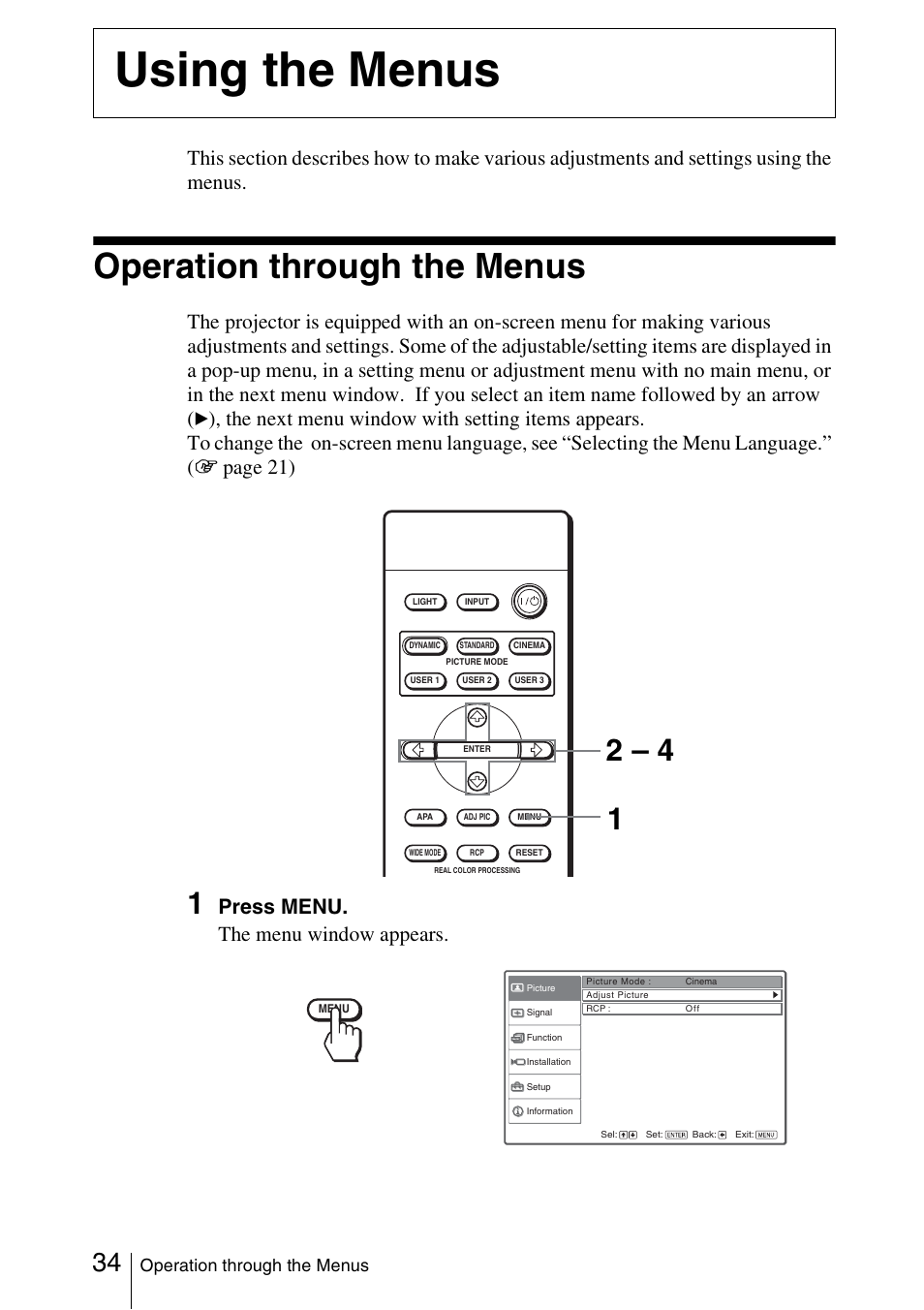 Using the menus, Operation through the menus, Press menu. the menu window appears | Sony Cineza VPL-HS51A User Manual | Page 34 / 68