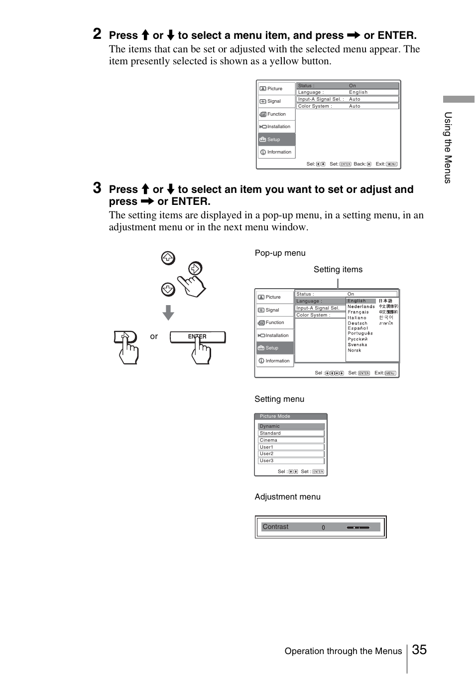 Operation through the menus | Sony Cineza VPL-HS51A User Manual | Page 35 / 68