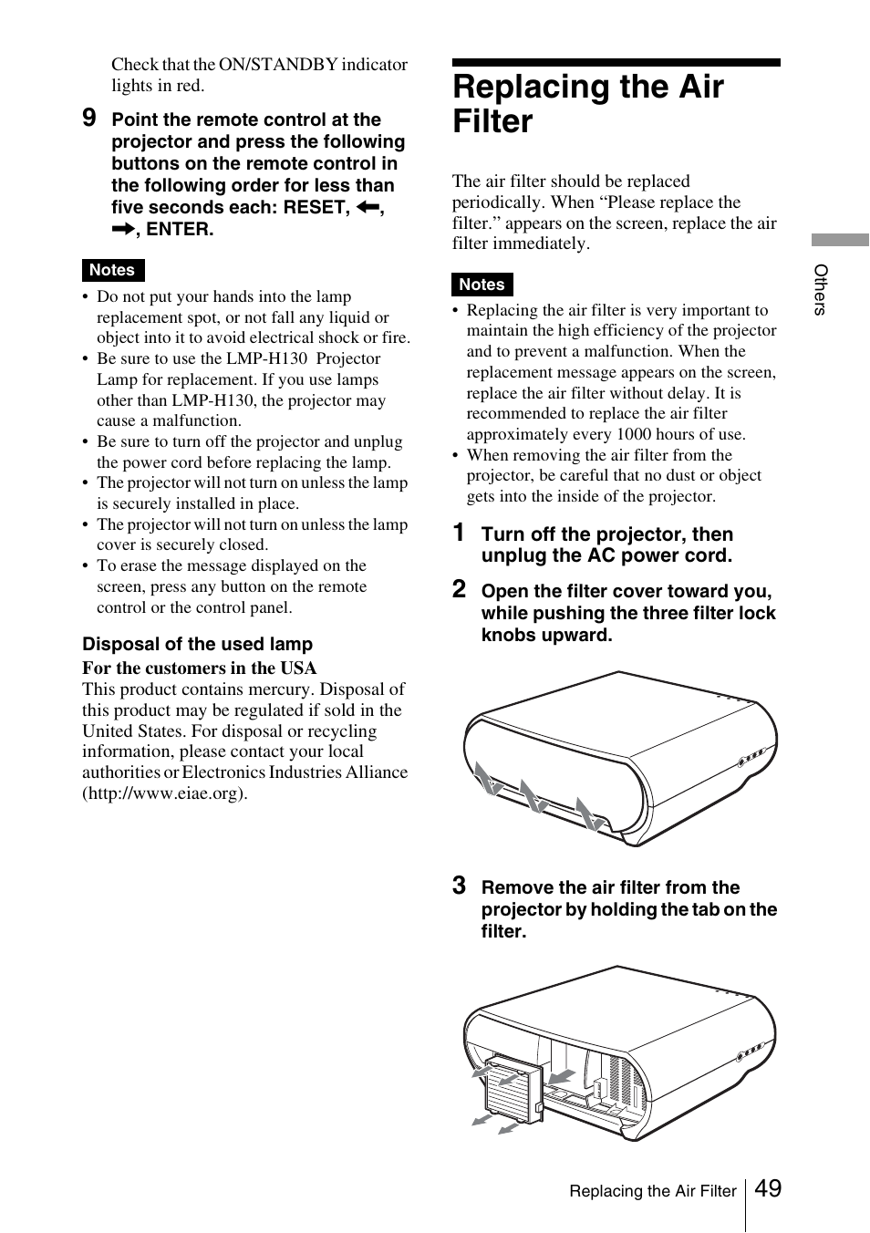 Replacing the air filter, D 49) | Sony Cineza VPL-HS51A User Manual | Page 49 / 68