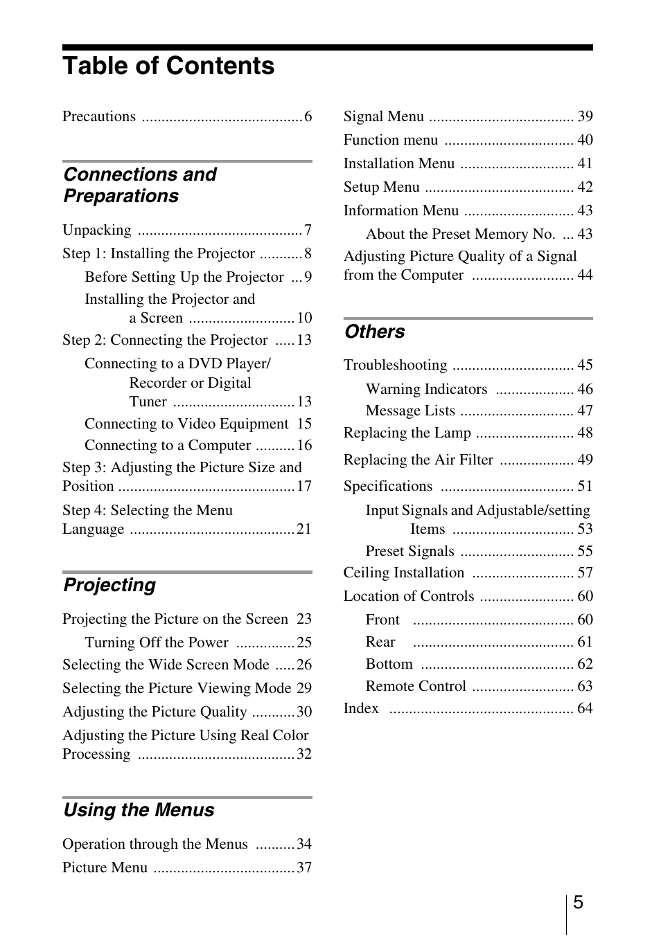 Sony Cineza VPL-HS51A User Manual | Page 5 / 68