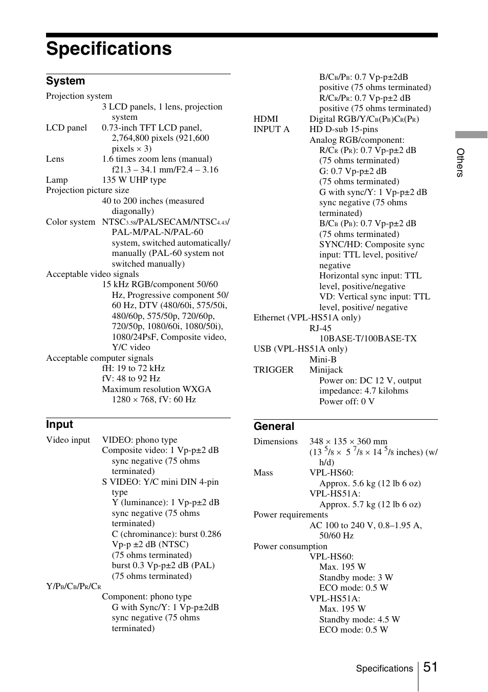 Specifications, System, Input | General | Sony Cineza VPL-HS51A User Manual | Page 51 / 68