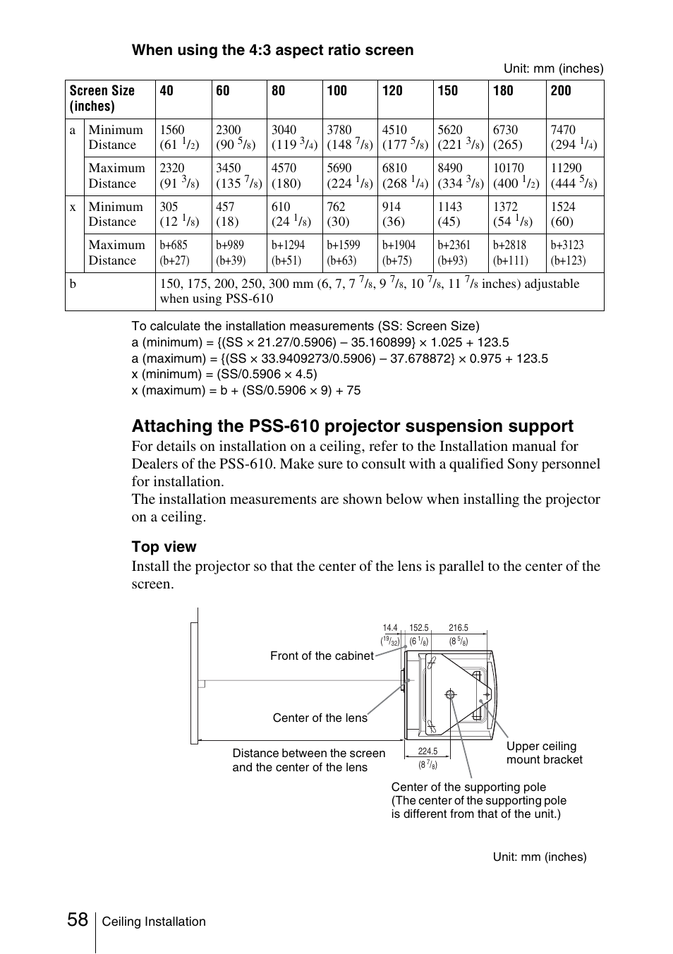 Attaching the pss-610 projector suspension support, When using the 4:3 aspect ratio screen | Sony Cineza VPL-HS51A User Manual | Page 58 / 68