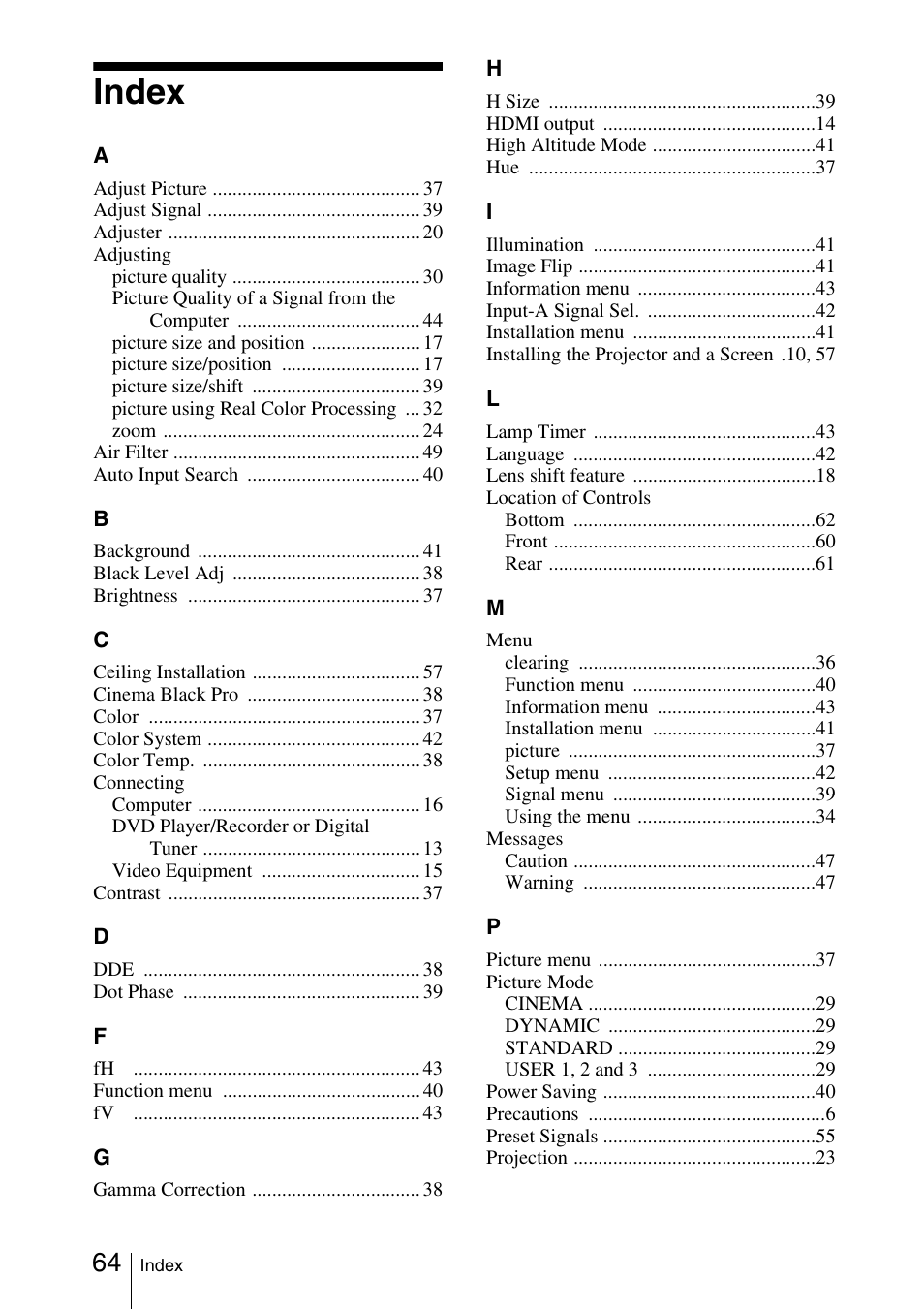 Index | Sony Cineza VPL-HS51A User Manual | Page 64 / 68