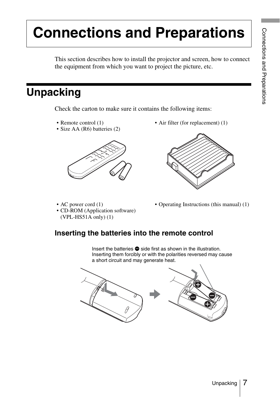 Connections and preparations, Unpacking | Sony Cineza VPL-HS51A User Manual | Page 7 / 68