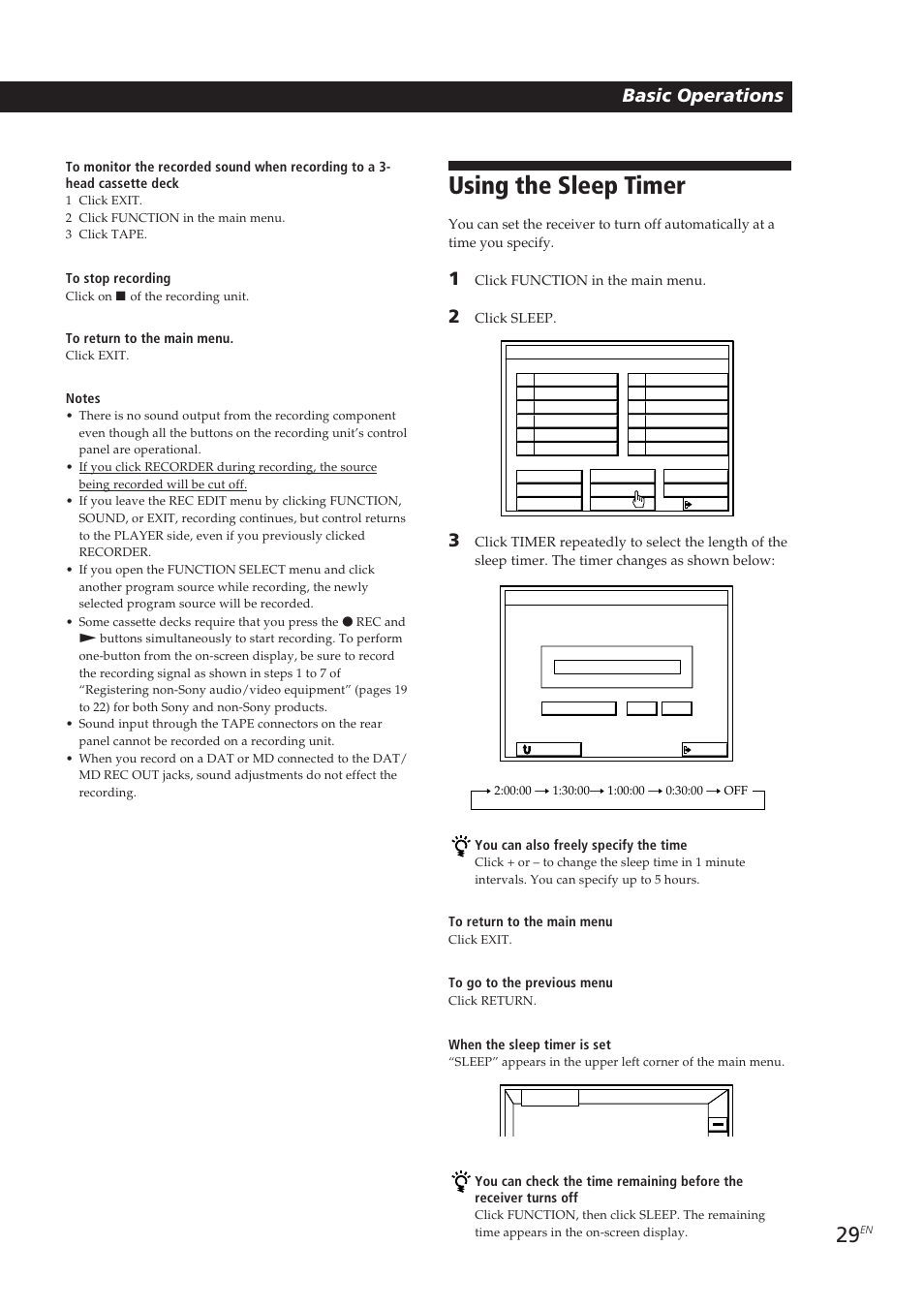Using the sleep timer, Basic operations | Sony STR-DE905G User Manual | Page 29 / 200