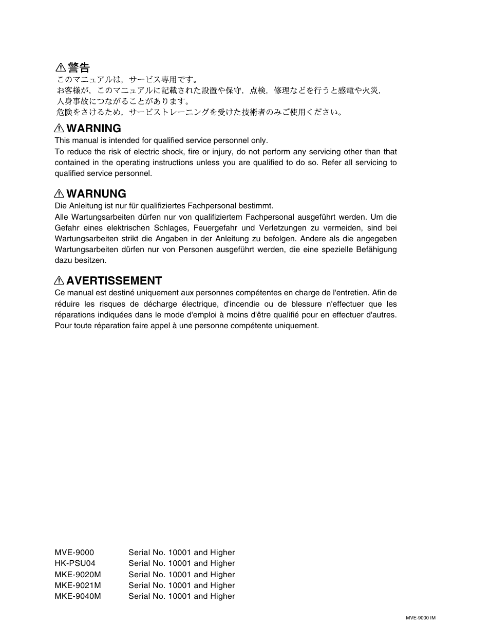 Warning, Warnung, Avertissement | Sony MKE-9020M User Manual | Page 2 / 36