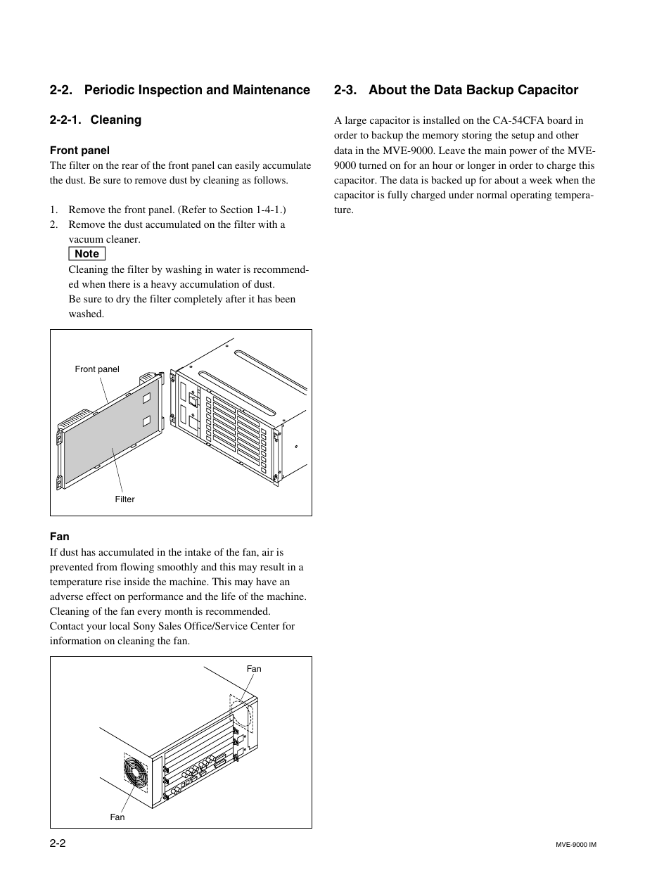 2. periodic inspection and maintenance, 2-1. cleaning, 3. about the data backup capacitor | Sony MKE-9020M User Manual | Page 34 / 36