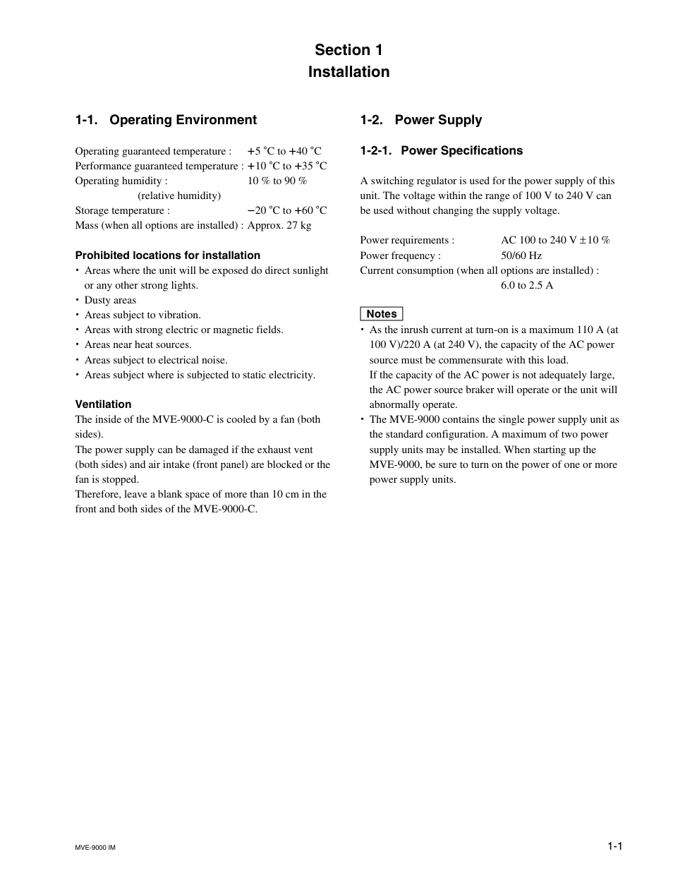 Installation, 1. operating environment, 2. power supply | 2-1. power specifications | Sony MKE-9020M User Manual | Page 7 / 36